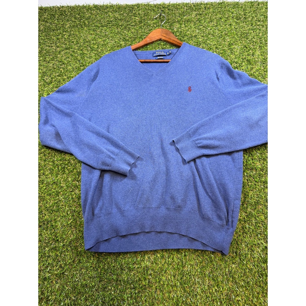 Polo Ralph Lauren Mens XL Pima Cotton V-Neck Sweater Blue Red Pony Logo